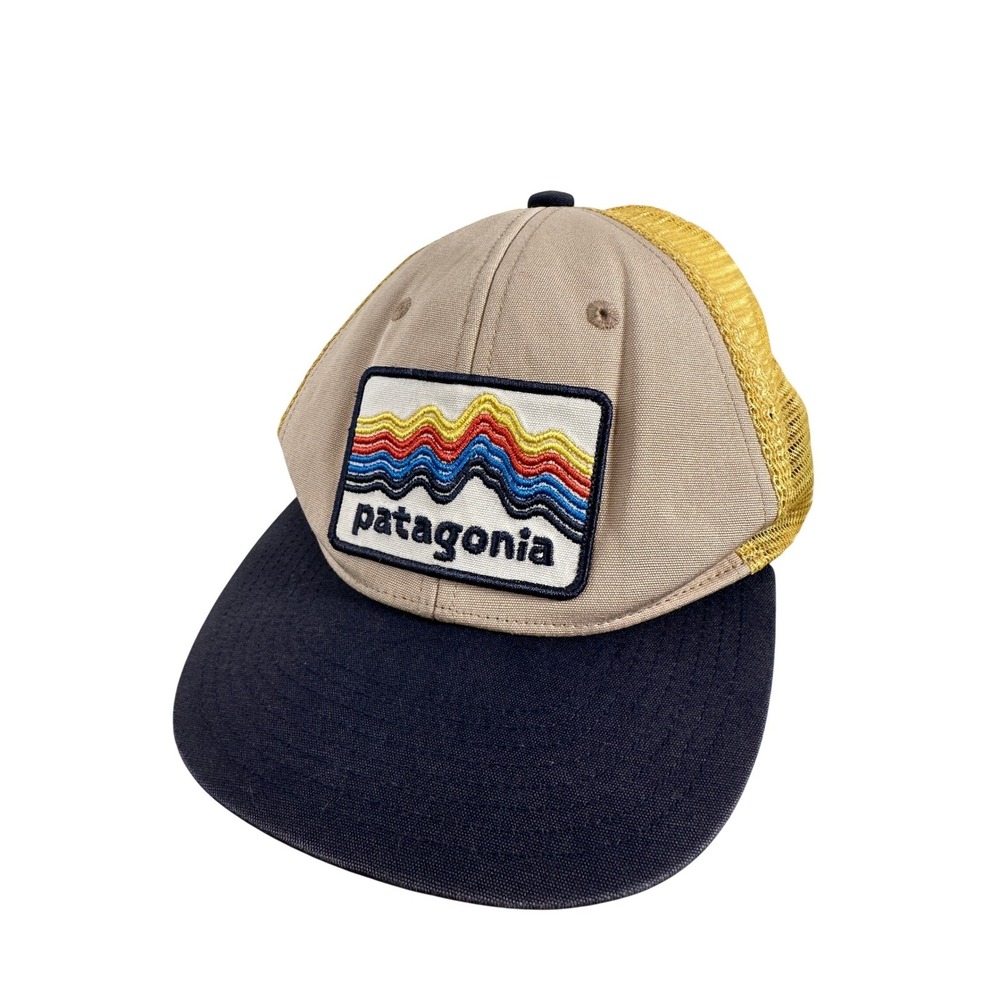 Kids Patagonia Trucker Hat Tan and Blue Retro Mountain Logo Mesh Snapback OSFM
